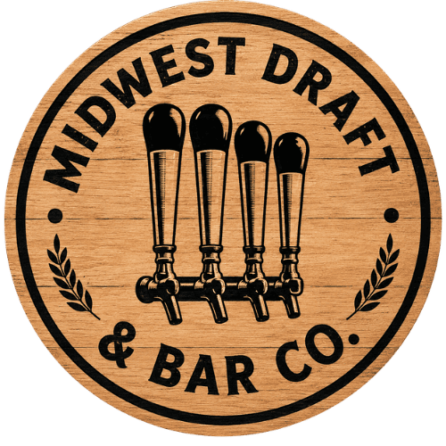 MidwestDraftAndBarCoLogo Midwest Draft & Bar Co Logo - circle with wood plank background, words "Midwest Draft" along the top of the circle following the bend, the words "& Bar Co." along the bottom edge. Four tappers in the middle of the logo